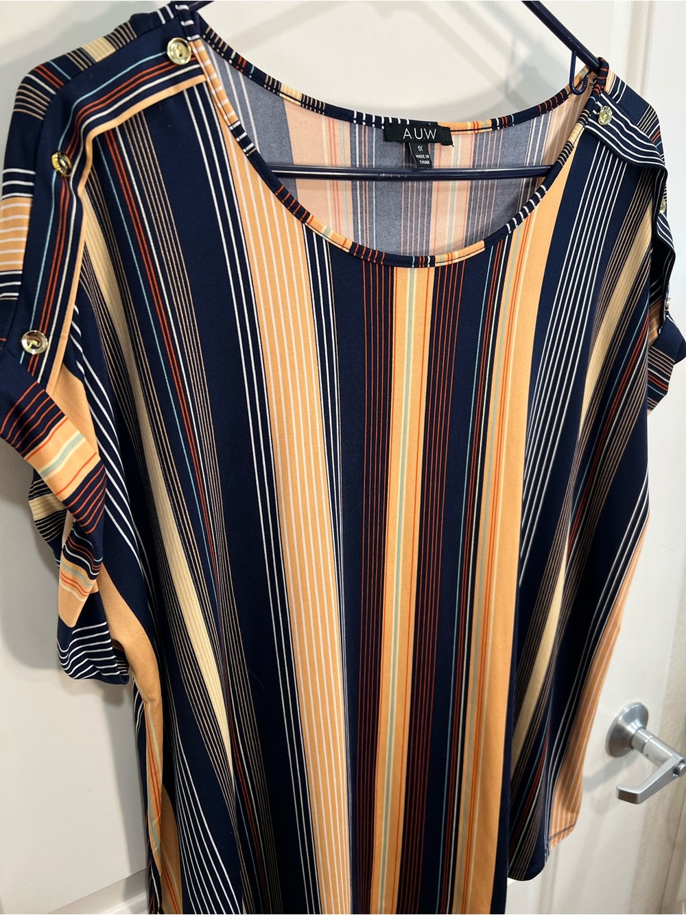 AUW Navy and Peach Striped Women's Top - Picture 4 of 7